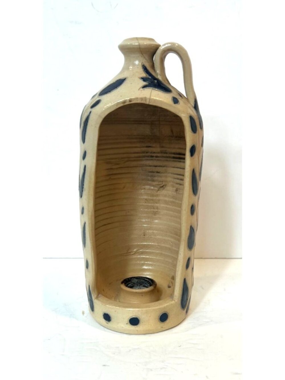 Vintage Williamsburg Pottery Salt-Glazed Stoneware Jug Candle Holder Cobalt Blue